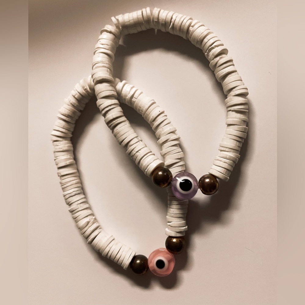 2 pack evil eye clay bead stretch friendship bracelets -handmade.